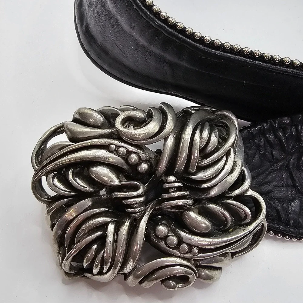 Vintage Fahrenheit NY Wide Black Leather Belt‎ Pewter Buckle 80s Wearable Art